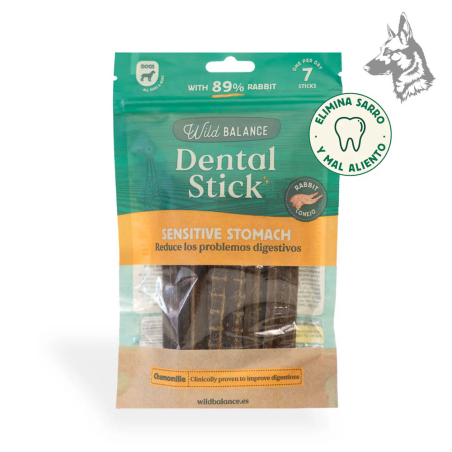 Bolsa de sticks dentales Wild Balance con 89% de carne de conejo, ideales para estómagos sensibles. Diseñados para eliminar el s