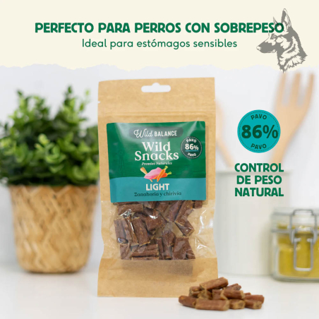 Premios Wild Snacks Light para perros con sobrepeso, con 86% pavo. Texto: 'Perfecto para perros con sobrepeso', 'Control de peso