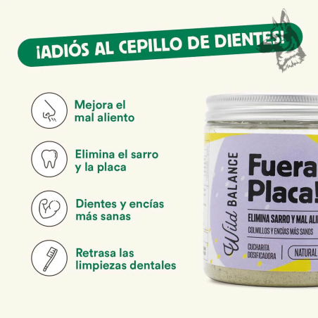 Infografía destacando los beneficios del suplemento "Fuera Placa!" de Wild Balance. Lista con iconos resaltando la eliminación d