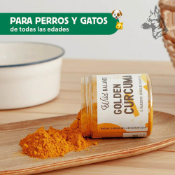 Tarro de Golden Cúrcuma de Wild Balance, un suplemento natural con propiedades antiinflamatorias y antioxidantes. Diseño blanco  2