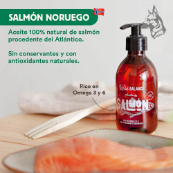 Botella de Aceite de Salmón Noruego Wild Balance con dispensador negro, destacando sus propiedades ricas en omega 3 y 6 con anti 2