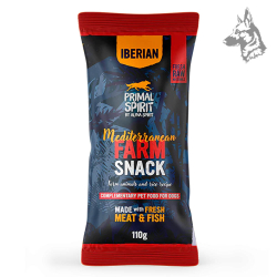 Bolsa de snacks naturales para perros de Primal Spirit, con ingredientes frescos de carne y pescado. Presentación de 110 g con d
