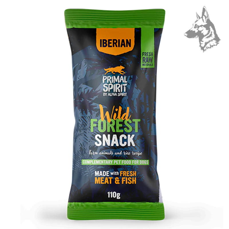 Bolsa de snacks para perros de Primal Spirit con ingredientes frescos de carne y pescado. Presentación de 110 g con diseño azul 