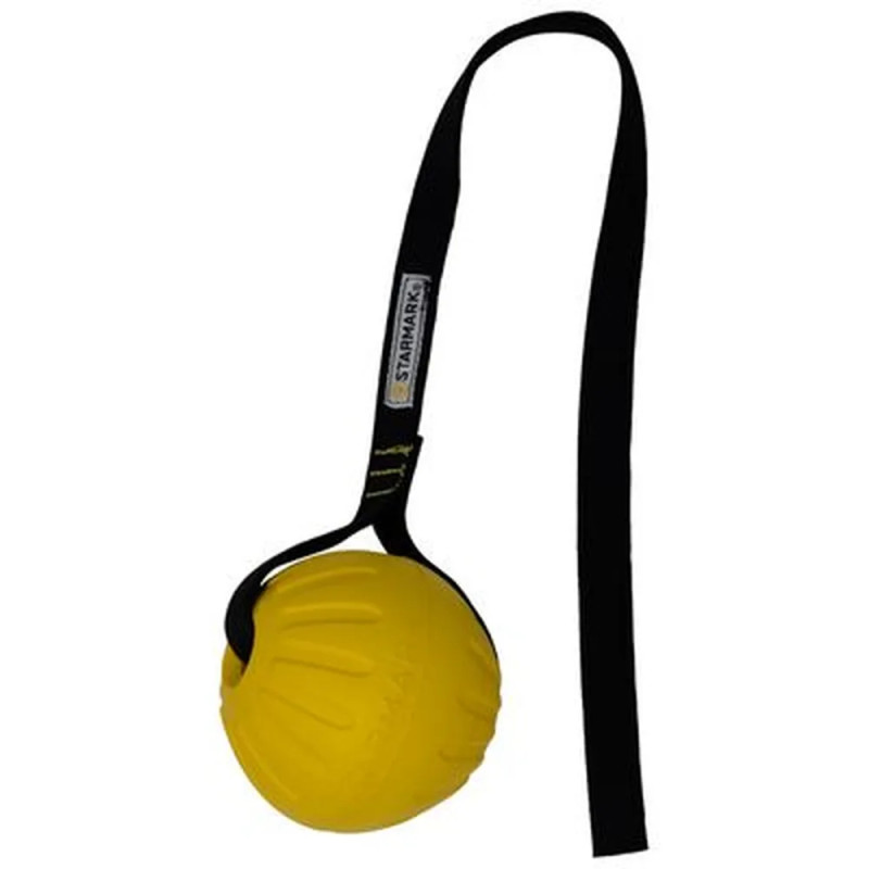 Pelota amarilla Starmark Durafoam con cuerda negra para perros, juguete resistente para lanzar y tirar