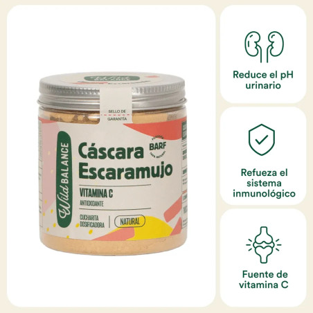 Suplemento natural en polvo de escaramujo para perros Wild Balance con beneficios como refuerzo inmunológico, reducción del pH u