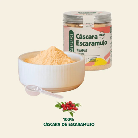Cáscara de escaramujo 100% natural en polvo para perros y gatos Wild Balance, con cucharita dosificadora y sin aditivos