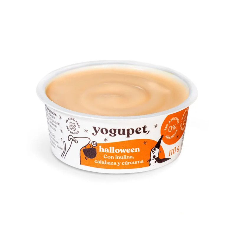 Tarrina abierta de Yogupet Halloween con textura cremosa color calabaza, alimento funcional para perros y gatos
