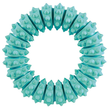 Anillo mordedor para perro de caucho natural sabor menta, marca Trixie, diseño dentado de 12 cm de diámetro