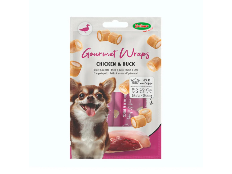 Snack para perros Bubimex Gourmet Wraps de pollo y pato, ideal para entrenamiento.