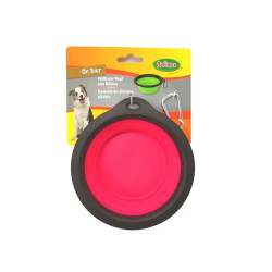 Cuenco plegable de silicona Bubimex para perro en color rosa y negro — bebedero y comedero de viaje práctico.