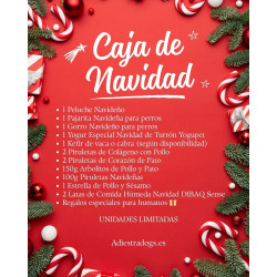 Pack navidad para perro con peluche navideño, pajarita y gorro de fiestas, yogur especial, snacks y latas de comida húmeda — reg