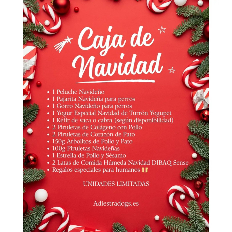 Pack navidad para perro con peluche navideño, pajarita y gorro de fiestas, yogur especial, snacks y latas de comida húmeda — reg