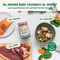 Lata de comida para perros Wild Balance BARF Philosophy con salmón y ternera, acompañada de ilustraciones de ingredientes natura 2