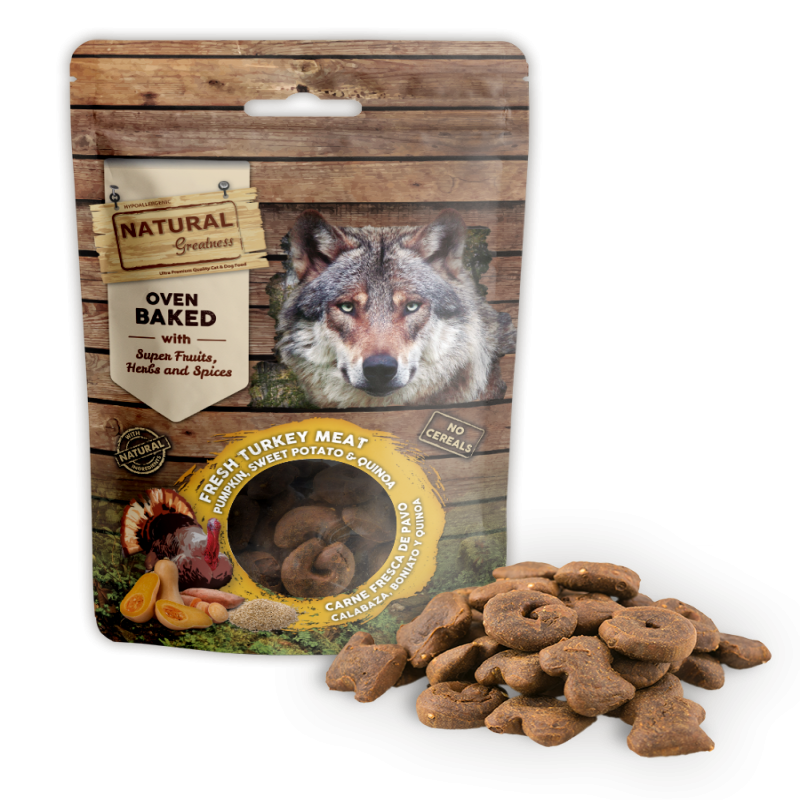 Snacks horneados para perros Natural Greatness Digestive, con ingredientes naturales como carne fresca de pavo, calabaza, boniat