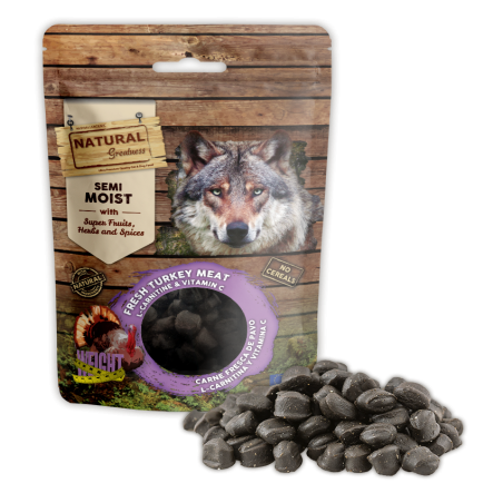 Snacks semihúmedos para perros Natural Greatness Control de Peso, con carne de pavo, L-carnitina y vitamina C, ideales para mant