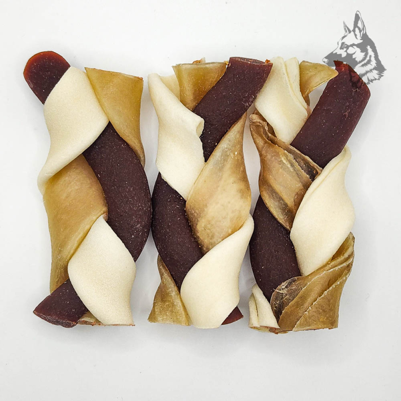 Maxi Trenza de Ternera: snack natural para perros, elaborado con piel de vacuno y ternera prensada. Textura duradera ideal para 